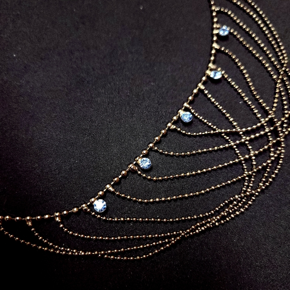 Hot Topic Dark Silver Ball Chain Choker Necklace with Light Blue Jewel Accents